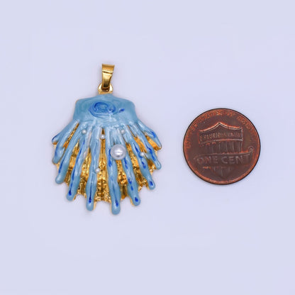 Gold PVD Stainless Steel 33mm Blue Enamel Blue Clam Shell Pearl Pendant | J169