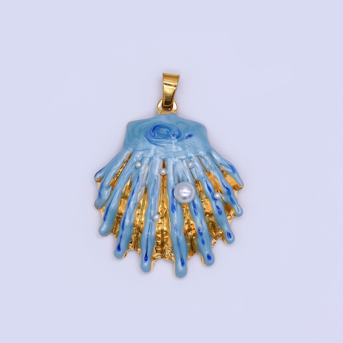 Gold PVD Stainless Steel 33mm Blue Enamel Blue Clam Shell Pearl Pendant | J169