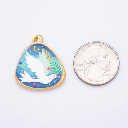 Gold Stainless Steel 33mm Hand-Painted Enamel Lovely Dove &amp; Kitty Car Charm | J447