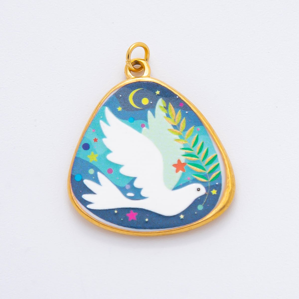Gold Stainless Steel 33mm Hand-Painted Enamel Lovely Dove &amp; Kitty Car Charm | J447