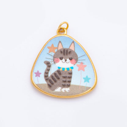 Gold Stainless Steel 33mm Hand-Painted Enamel Lovely Dove &amp; Kitty Car Charm | J447