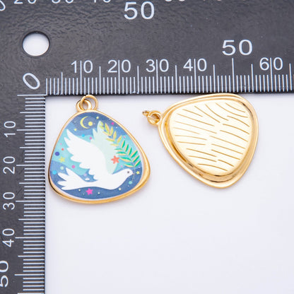 Gold Stainless Steel 33mm Hand-Painted Enamel Lovely Dove &amp; Kitty Car Charm | J447