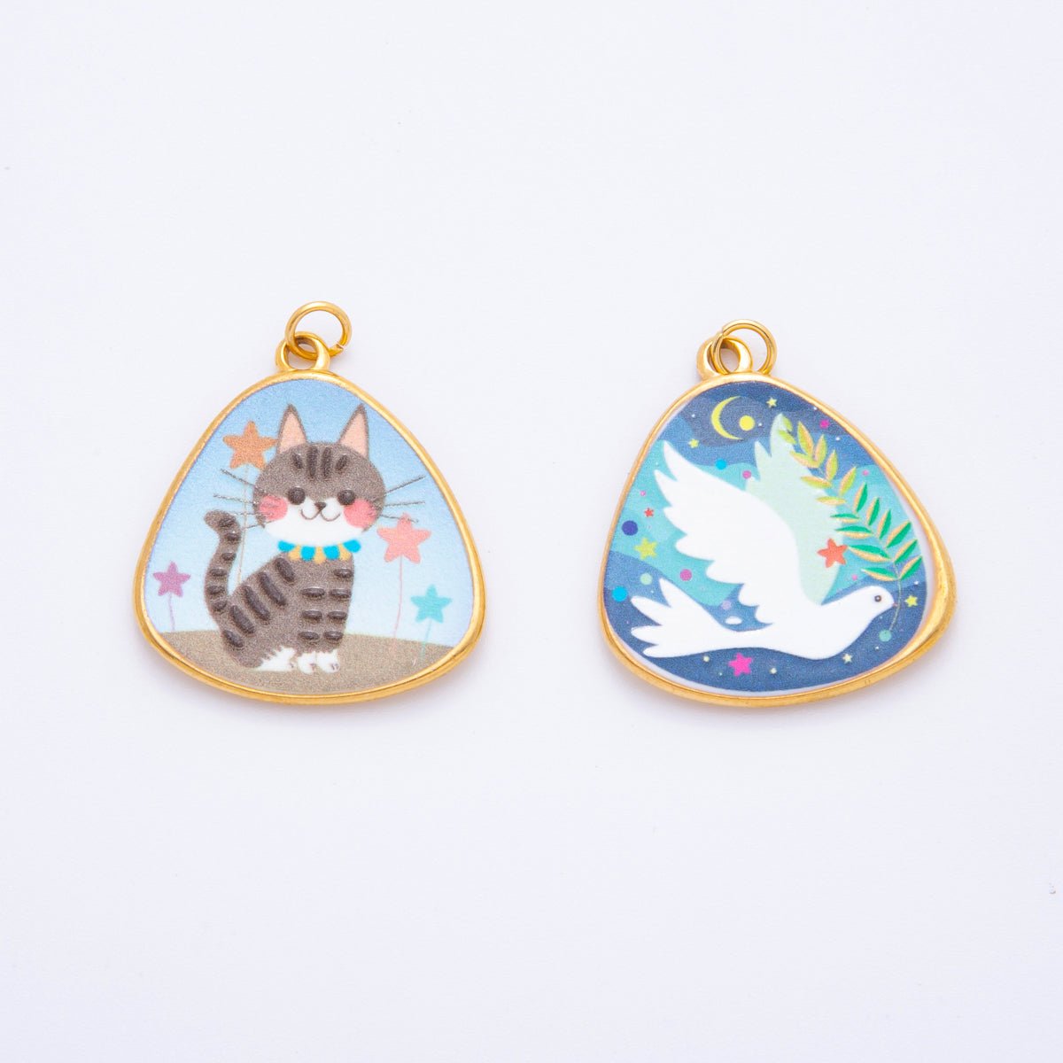 Gold Stainless Steel 33mm Hand-Painted Enamel Lovely Dove &amp; Kitty Car Charm | J447