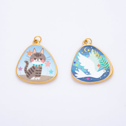 Gold Stainless Steel 33mm Hand-Painted Enamel Lovely Dove &amp; Kitty Car Charm | J447