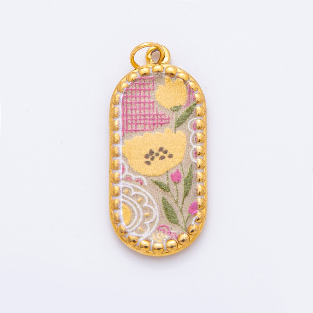 Gold Stainless Steel Blue, Brown, Purple Flower Art Oblong Oval Charm | J00723 - J00770