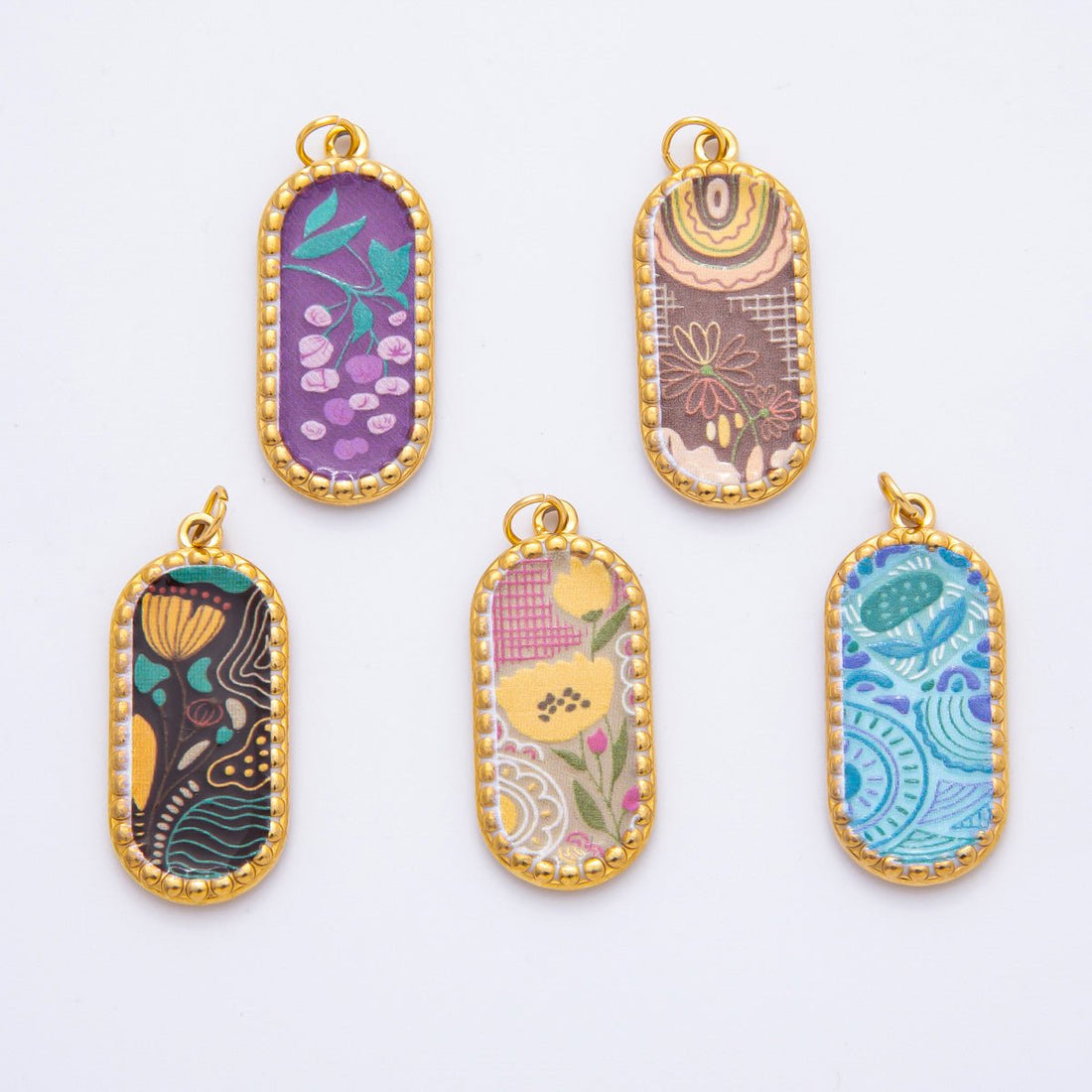 Gold Stainless Steel Blue, Brown, Purple Flower Art Oblong Oval Charm | J00723 - J00770