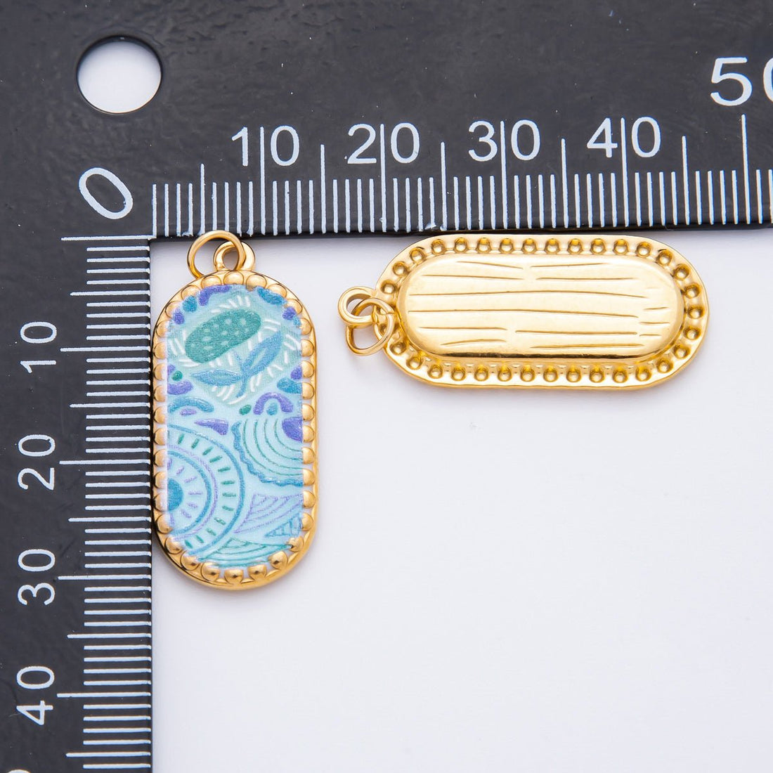 Gold Stainless Steel Blue, Brown, Purple Flower Art Oblong Oval Charm | J00723 - J00770