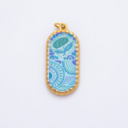 Gold Stainless Steel Blue, Brown, Purple Flower Art Oblong Oval Charm | J00723 - J00770