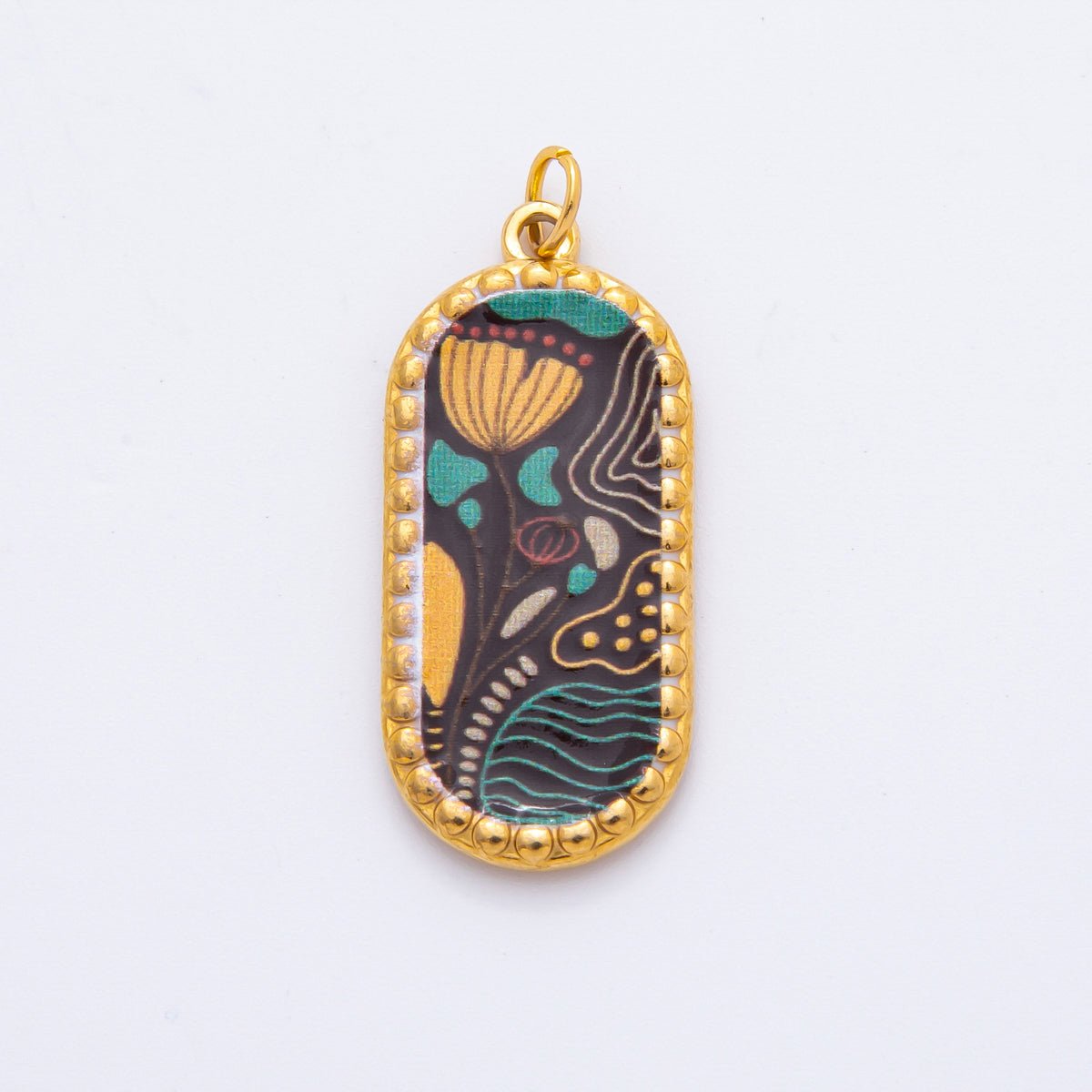 Gold Stainless Steel Blue, Brown, Purple Flower Art Oblong Oval Charm | J00723 - J00770