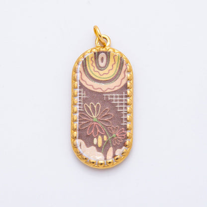 Gold Stainless Steel Blue, Brown, Purple Flower Art Oblong Oval Charm | J00723 - J00770