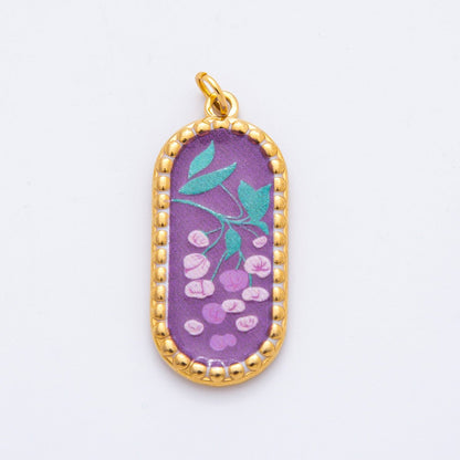 Gold Stainless Steel Blue, Brown, Purple Flower Art Oblong Oval Charm | J00723 - J00770