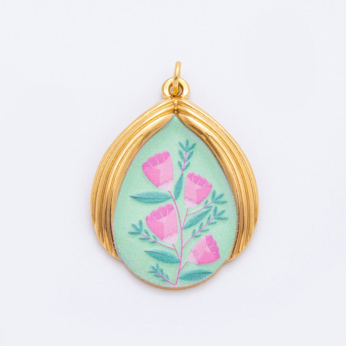 Gold Stainless Steel 35mm Hand-Painted Enamel Pink Rose Flower Charm | J166