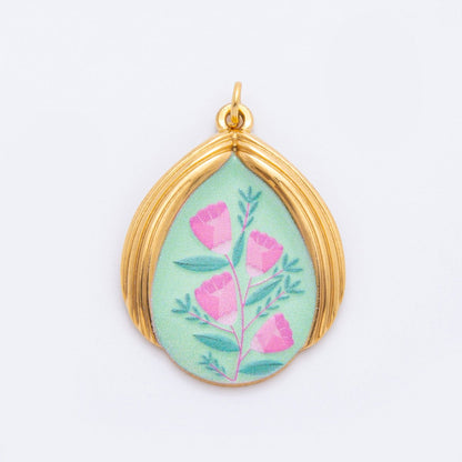 Gold Stainless Steel 35mm Hand-Painted Enamel Pink Rose Flower Charm | J166