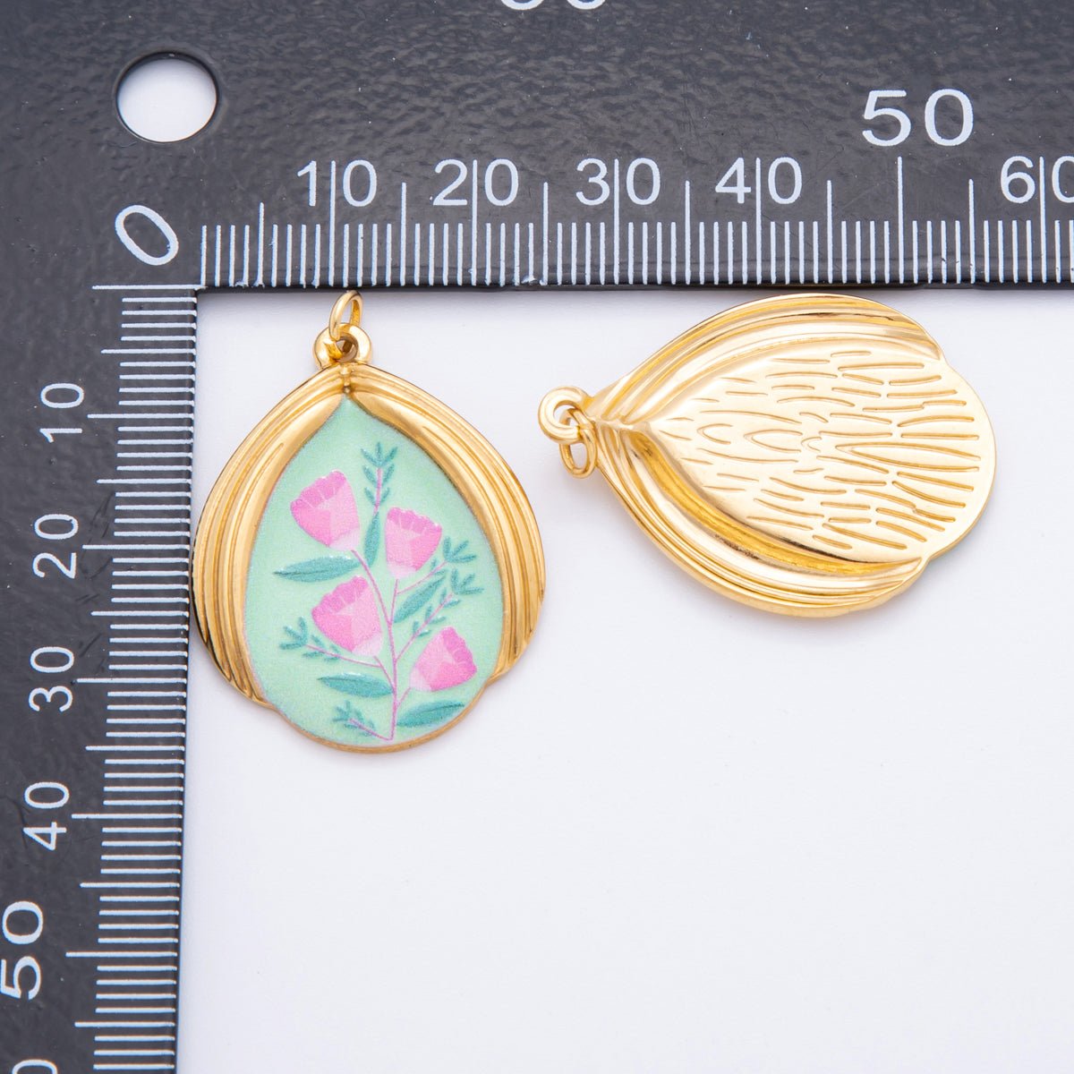 Gold Stainless Steel 35mm Hand-Painted Enamel Pink Rose Flower Charm | J166