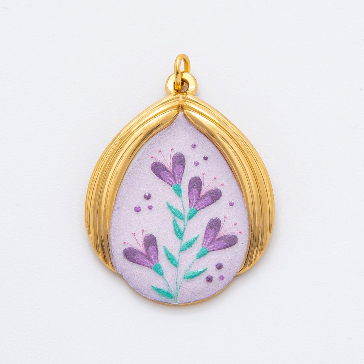 Gold Stainless Steel 35mm Hand-Painted Enamel Romantic Lavender Flower Charm | J797