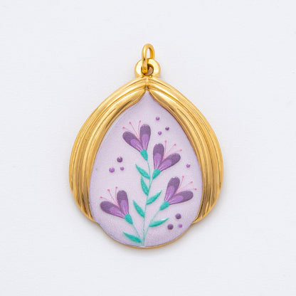 Gold Stainless Steel 35mm Hand-Painted Enamel Romantic Lavender Flower Charm | J797
