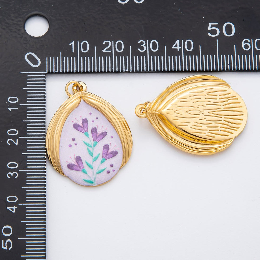 Gold Stainless Steel 35mm Hand-Painted Enamel Romantic Lavender Flower Charm | J797