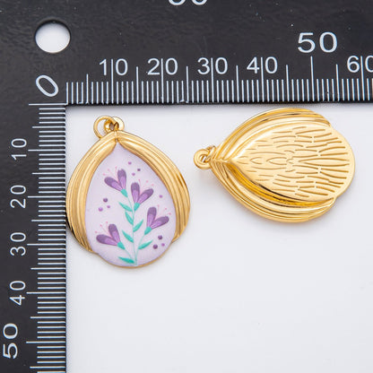 Gold Stainless Steel 35mm Hand-Painted Enamel Romantic Lavender Flower Charm | J797