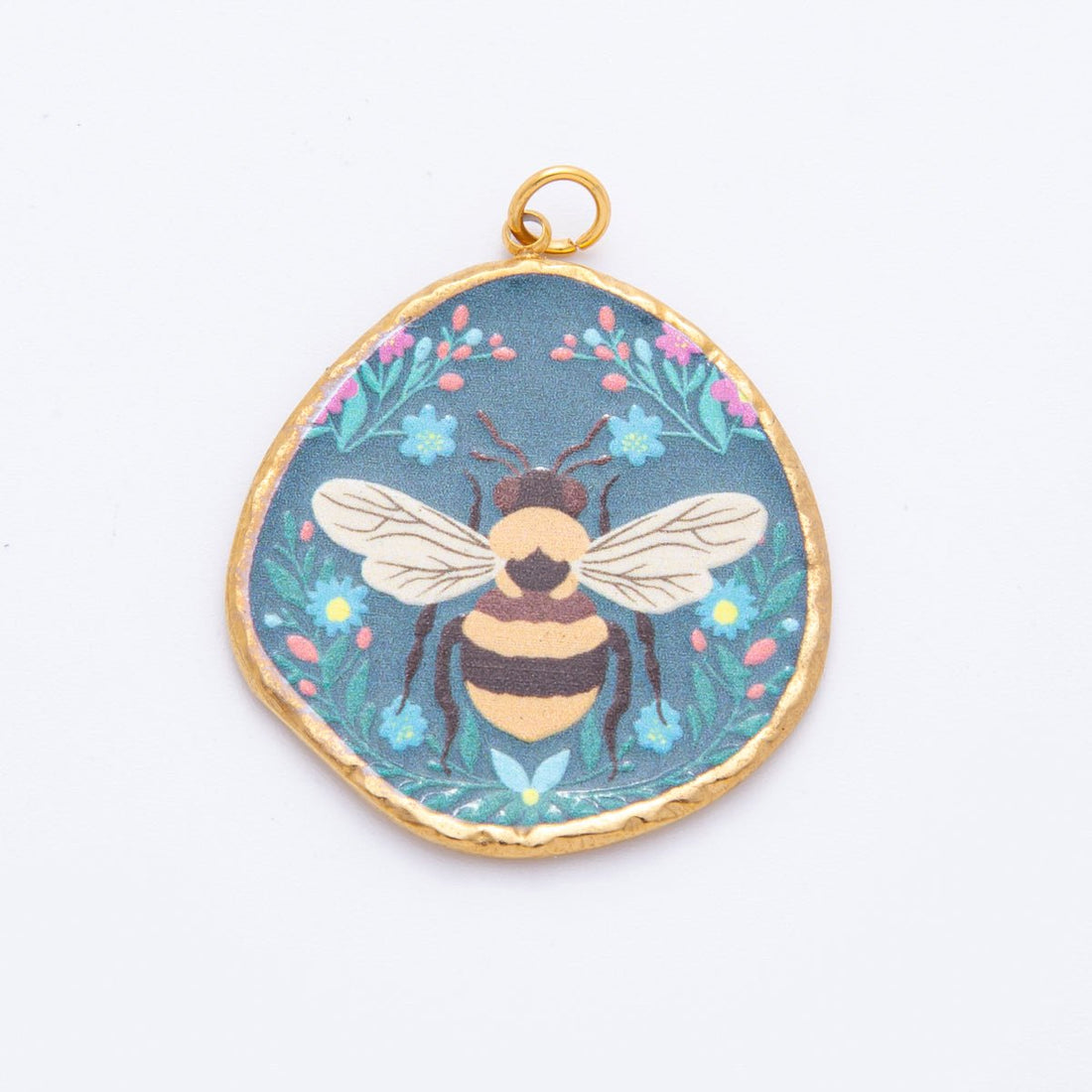 Gold Stainless Steel 36mm Hand-Painted Enamel Small Honey Bee Charm | J445