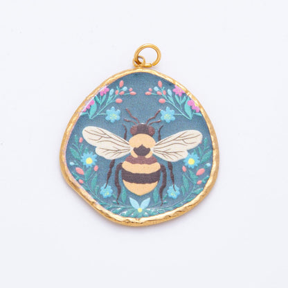 Gold Stainless Steel 36mm Hand-Painted Enamel Small Honey Bee Charm | J445