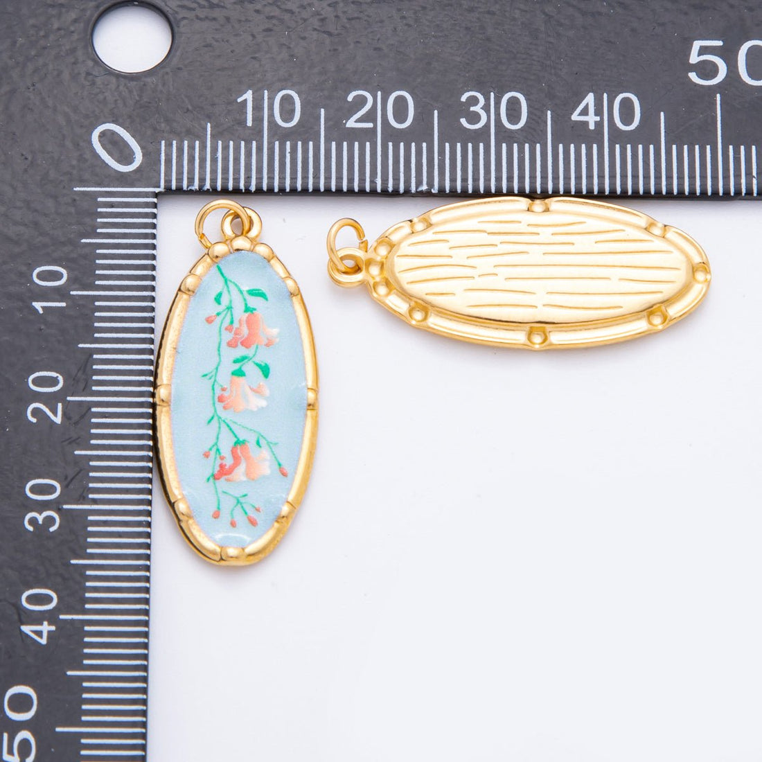 Gold Stainless Steel 37mm Hand-Painted Enamel Oval Wildflower Charm | J398 J406 J409 J411 J419