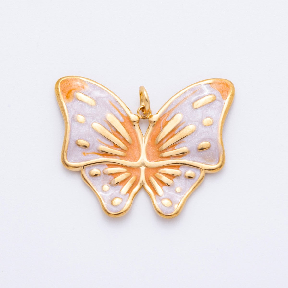 Gold Stainless Steel 48mm Orange &amp; Green Enamel Mariposa Butterfly Dual Colors Charm | J232 J242