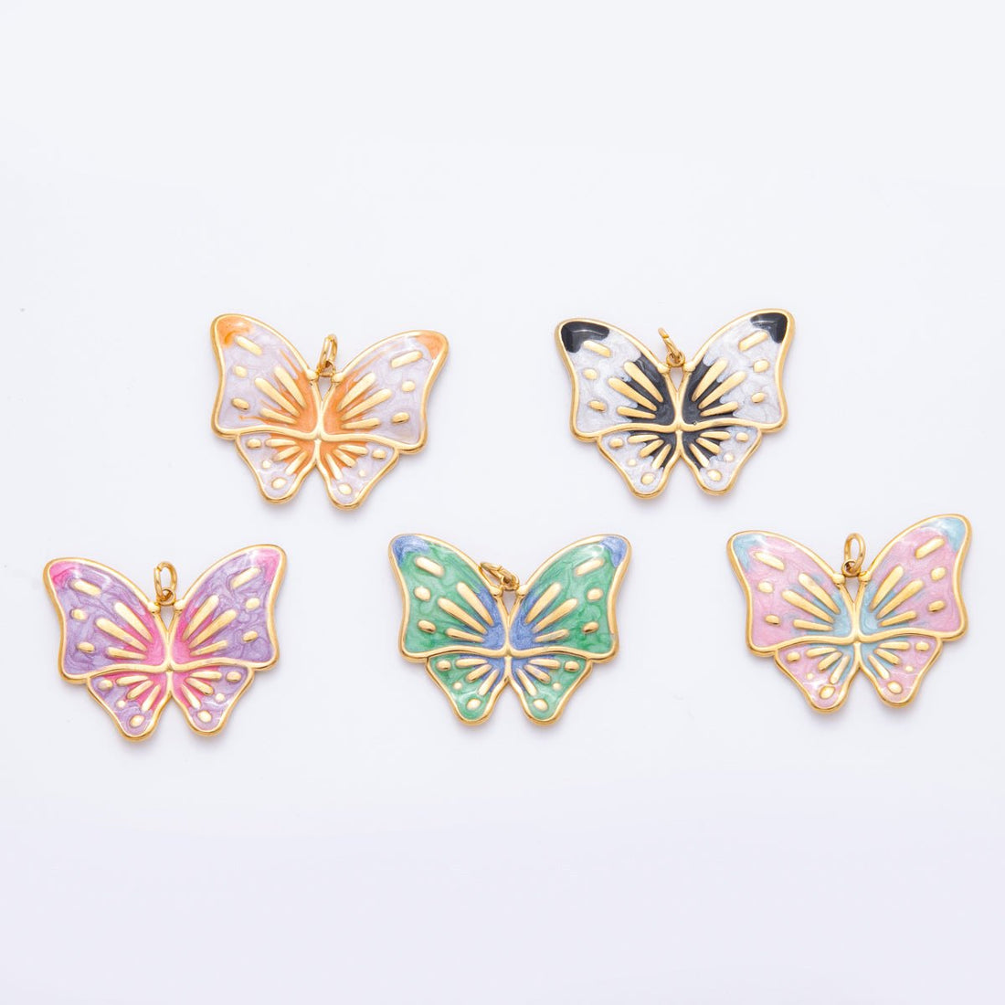 Gold Stainless Steel 48mm Orange &amp; Green Enamel Mariposa Butterfly Dual Colors Charm | J232 J242