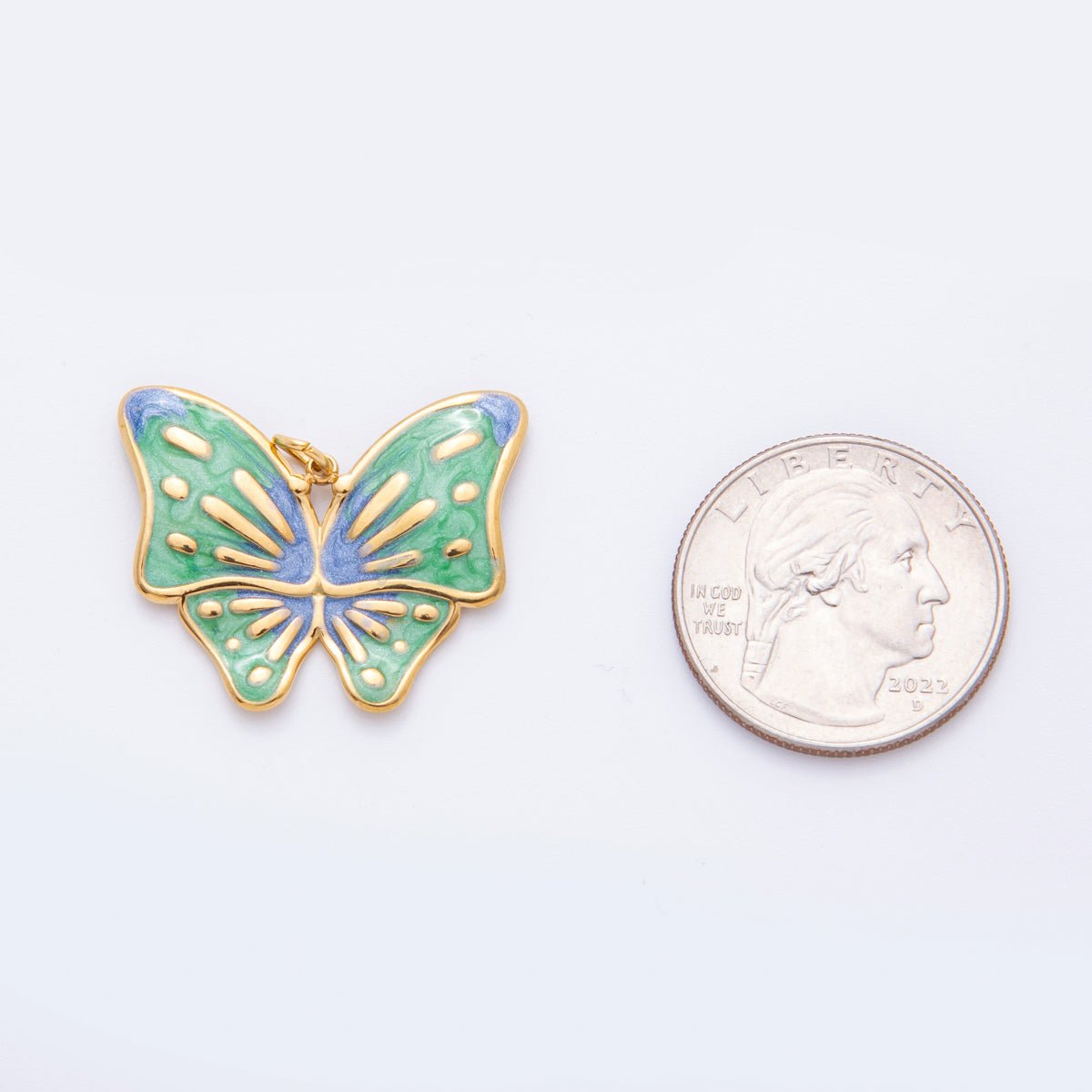 Gold Stainless Steel 48mm Orange &amp; Green Enamel Mariposa Butterfly Dual Colors Charm | J232 J242