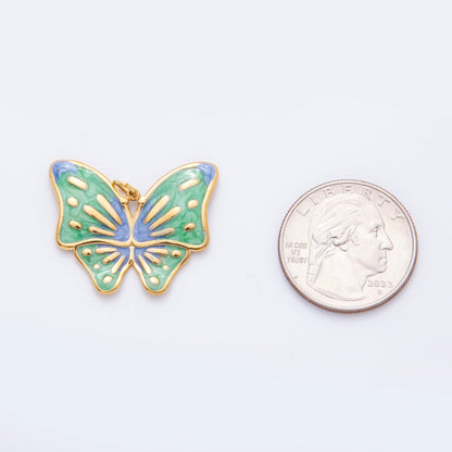 Gold Stainless Steel 48mm Orange &amp; Green Enamel Mariposa Butterfly Dual Colors Charm | J232 J242