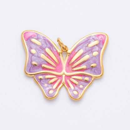 Gold Stainless Steel 48mm Orange &amp; Green Enamel Mariposa Butterfly Dual Colors Charm | J232 J242