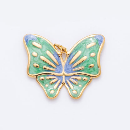 Gold Stainless Steel 48mm Orange &amp; Green Enamel Mariposa Butterfly Dual Colors Charm | J232 J242