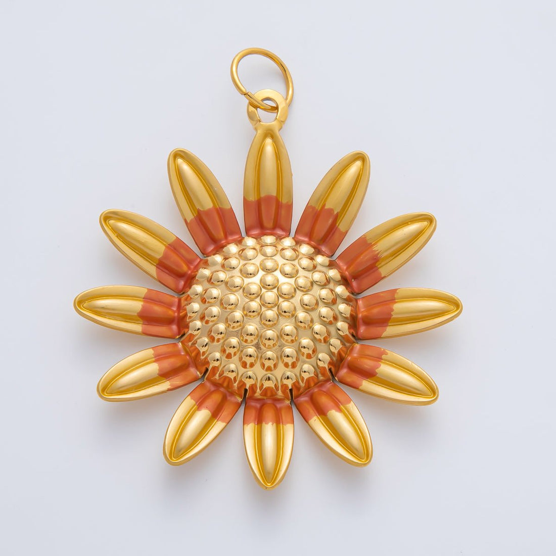 Gold Stainless Steel 57mm Big Yellow Orange Enamel Sunflower Charm Floral Pendant | J891