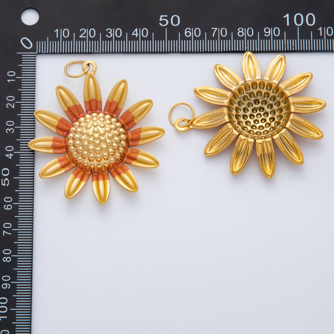 Gold Stainless Steel 57mm Big Yellow Orange Enamel Sunflower Charm Floral Pendant | J891