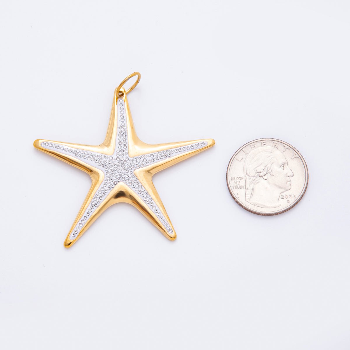 Gold Stainless Steel 57mm Micro Paved CZ Under the Sea Big Starfish Charm | J007