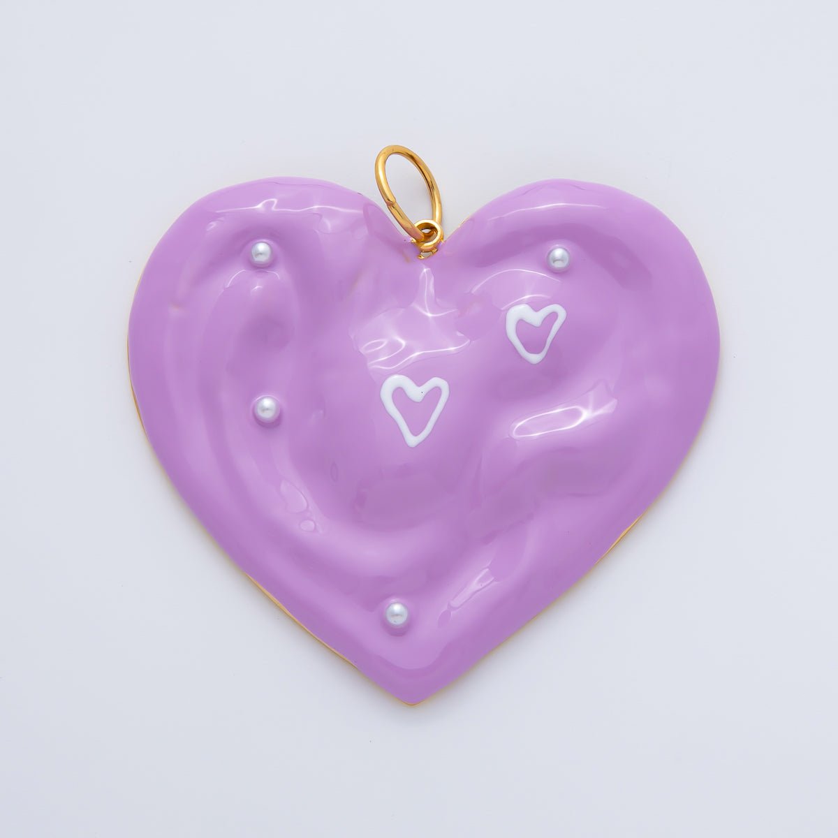 Gold Stainless Steel 57mm Purple Enamel Heart Charm | J873
