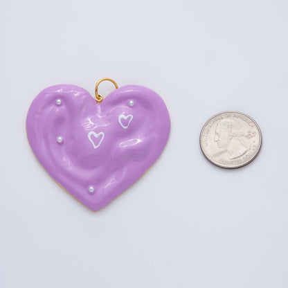 Gold Stainless Steel 57mm Purple Enamel Heart Charm | J873