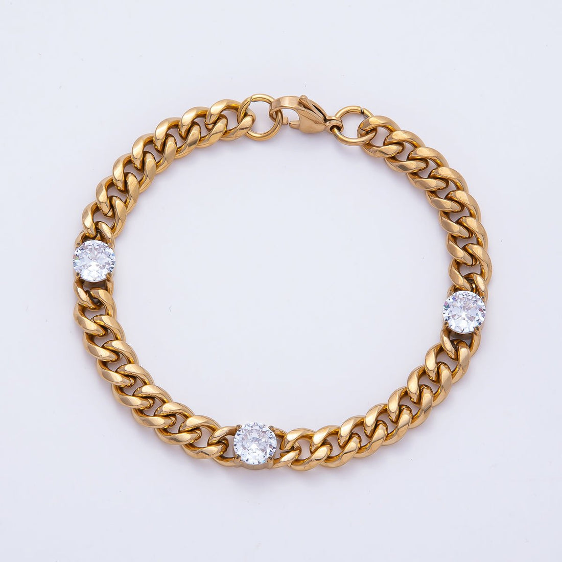 Gold Stainless Steel 8mm Triple CZ Curb Chain 8.66 Inch Bracelet | WA-04036