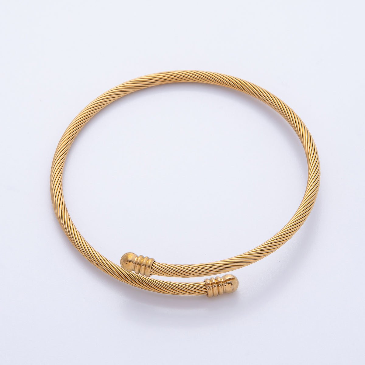 Gold Stainless Steel Twisted Ribbed Coil Adjustable Bangle Bracelet | WA-3798