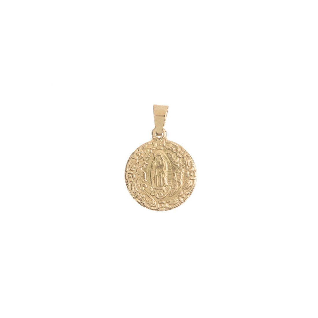Gold Stainless Steel Dainty Holy Virgin Mother Mary, Intricate Flower Lady Guadalupe Medallion Pendant Catholic Religious Jewelry J-471