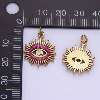 Gold Stainless Steel Evil Eye Charm Micro Pave Sun Burst Pendant P-1380