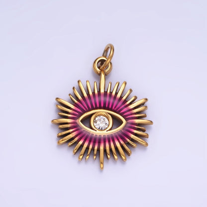 Gold Stainless Steel Evil Eye Charm Micro Pave Sun Burst Pendant P-1380