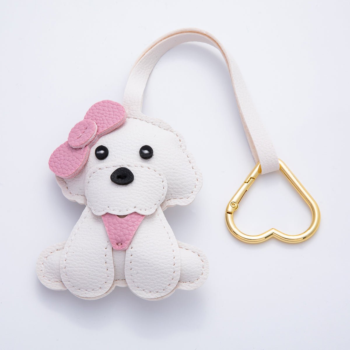 Gold Stainless Steel Handcrafted Leather Pink Puppy Little Dog Drop Keychain Accessories | WB-00138