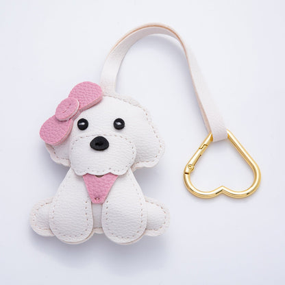 Gold Stainless Steel Handcrafted Leather Pink Puppy Little Dog Drop Keychain Accessories | WB-00138