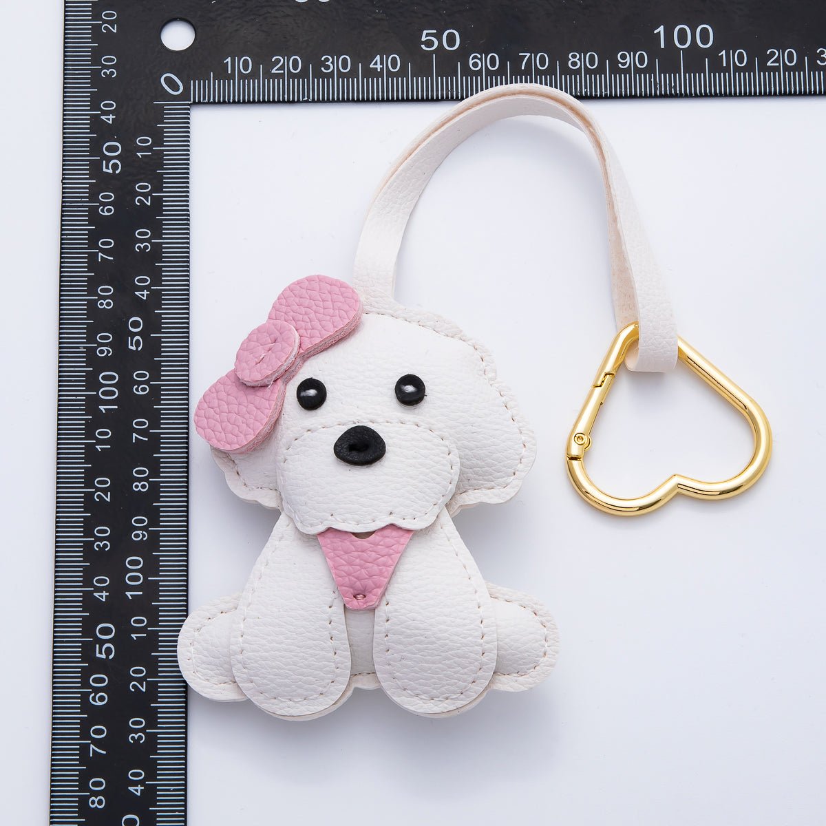 Gold Stainless Steel Handcrafted Leather Pink Puppy Little Dog Drop Keychain Accessories | WB-00138