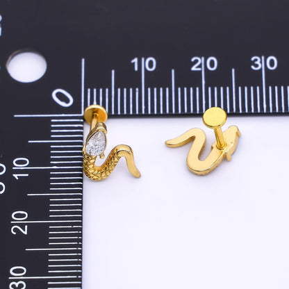 Gold Stainless Steel Clear CZ Teardrop Quilted Snake Serpent Mini Stud Earrings | AB1587