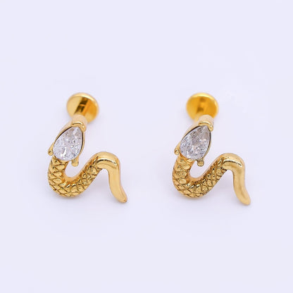 Gold Stainless Steel Clear CZ Teardrop Quilted Snake Serpent Mini Stud Earrings | AB1587