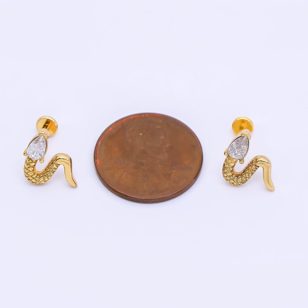 Gold Stainless Steel Clear CZ Teardrop Quilted Snake Serpent Mini Stud Earrings | AB1587