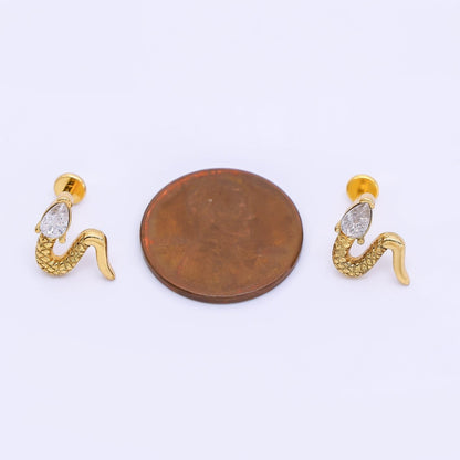 Gold Stainless Steel Clear CZ Teardrop Quilted Snake Serpent Mini Stud Earrings | AB1587