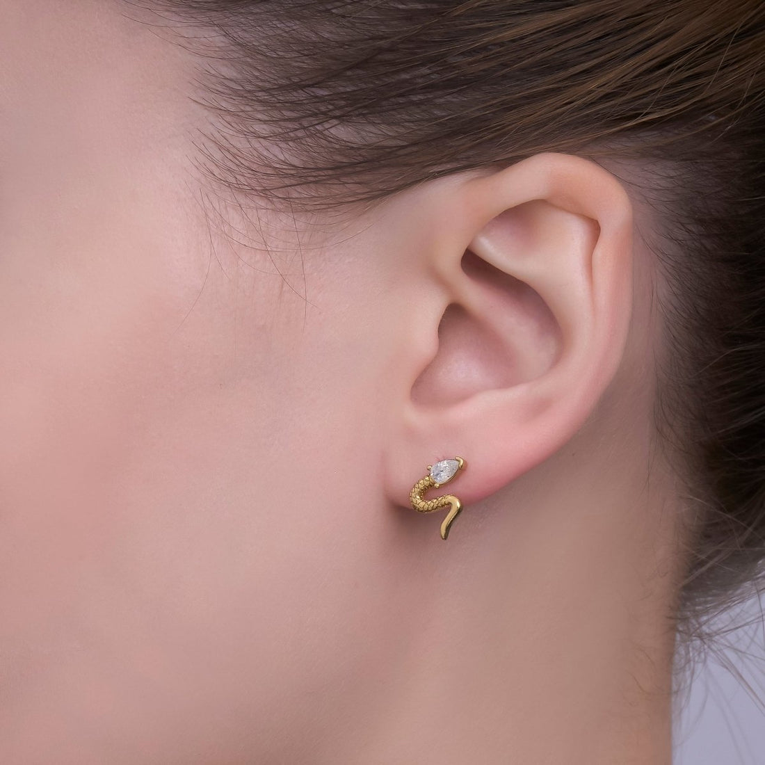 Gold Stainless Steel Clear CZ Teardrop Quilted Snake Serpent Mini Stud Earrings | AB1587