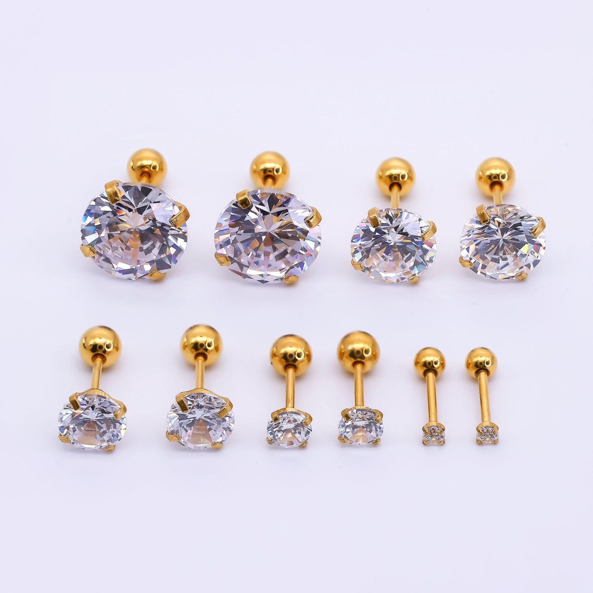 Gold Stainless Steel Clear CZ Classic Flat Back Stud Earrings | AB1567 - AB1571
